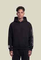 Black unisex pullover hoodie with sleeve lettering