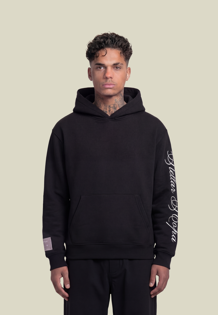 Black unisex pullover hoodie with sleeve lettering