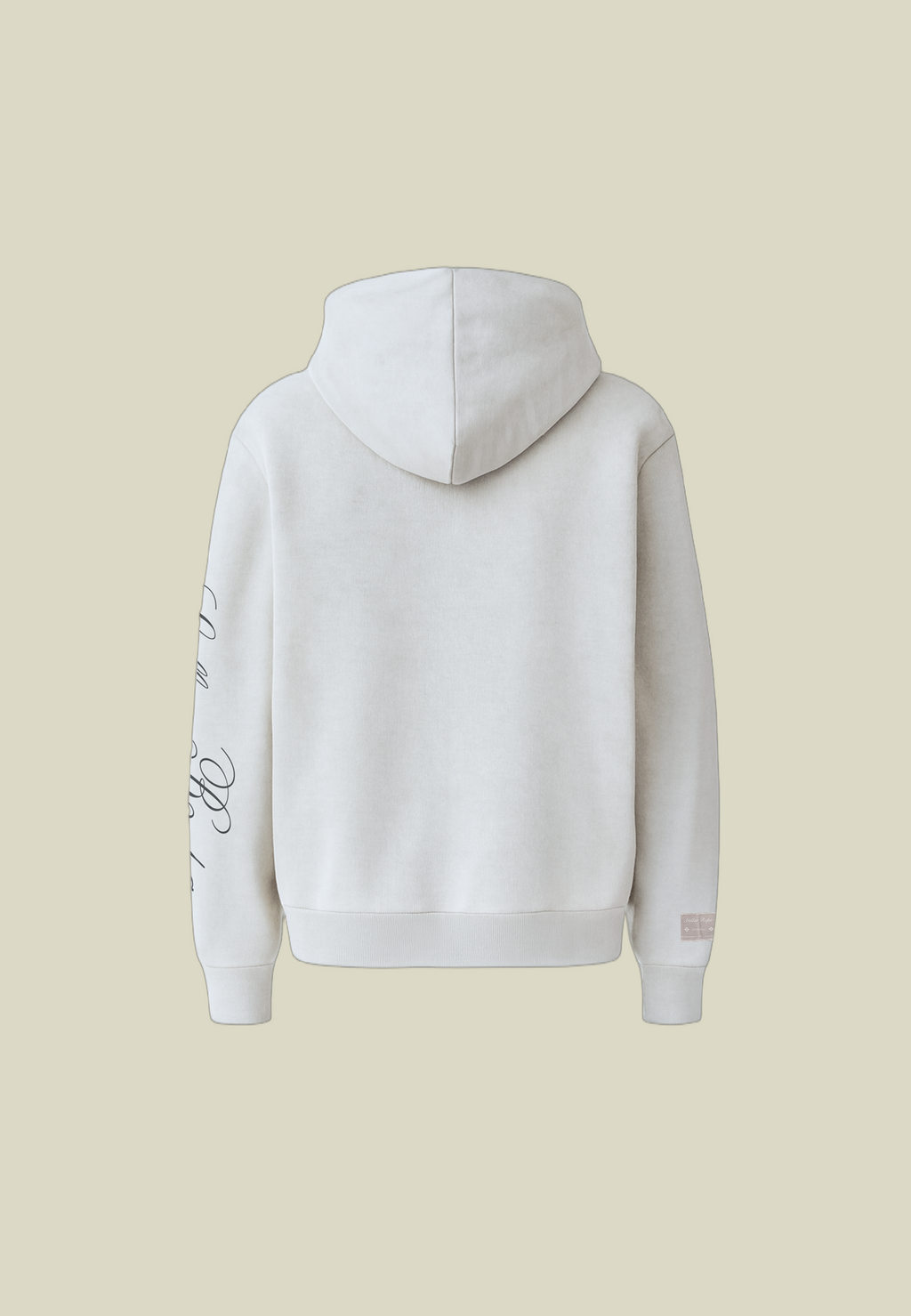Gray unisex pullover hoodie with kangaroo pocket and sleeve lettering