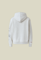 Gray unisex pullover hoodie with kangaroo pocket and sleeve lettering