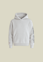 Gray unisex pullover hoodie with kangaroo pocket and sleeve lettering