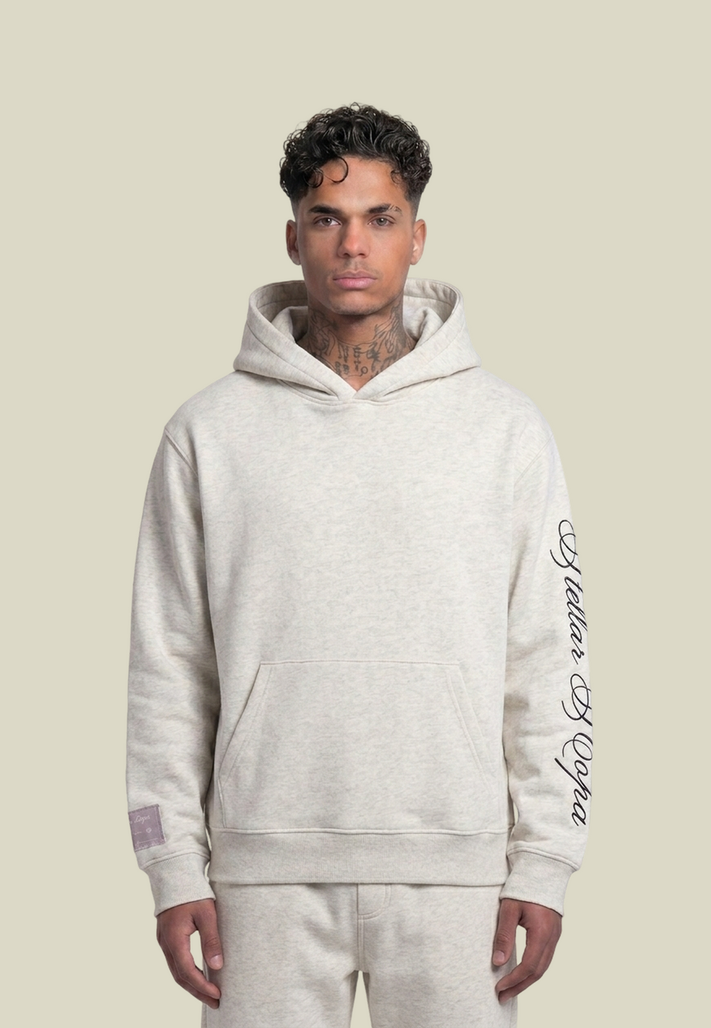 Gray unisex pullover hoodie with kangaroo pocket and sleeve lettering