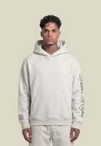Gray unisex pullover hoodie with kangaroo pocket and sleeve lettering