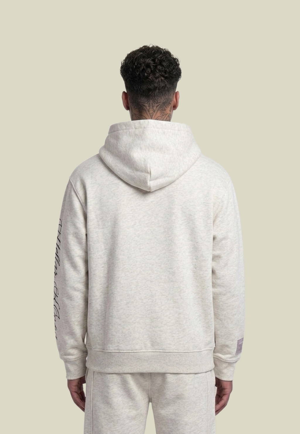 Gray unisex pullover hoodie with kangaroo pocket and sleeve lettering