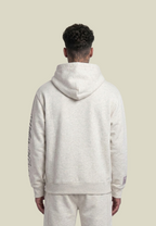 Gray unisex pullover hoodie with kangaroo pocket and sleeve lettering