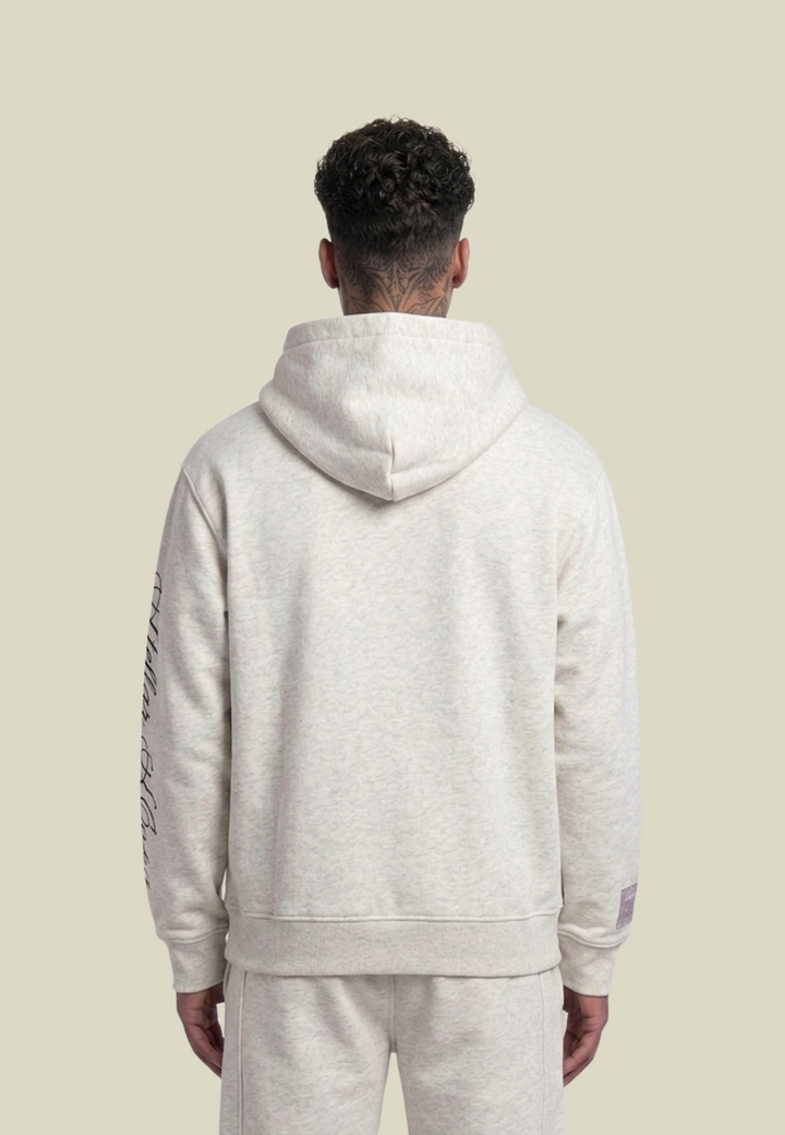 Gray unisex pullover hoodie with kangaroo pocket and sleeve lettering