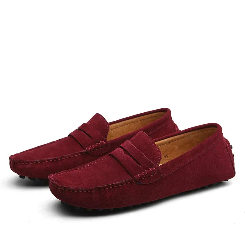 Men's suede loafers with moc toe stitching and flat soles