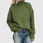 Women's cable knit sweater with mock neck and long sleeves