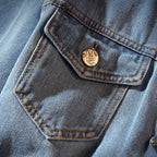 Men's light blue denim jacket with button front and ribbed trims