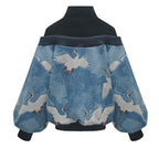 Women's blue crane print off-shoulder sweatshirt
