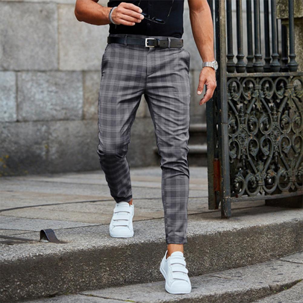 Men's checked slim leg chino trousers with belt loops and full-length cut
