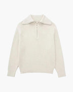 Striped ribbed knit sweater with mock neck and quarter zipper