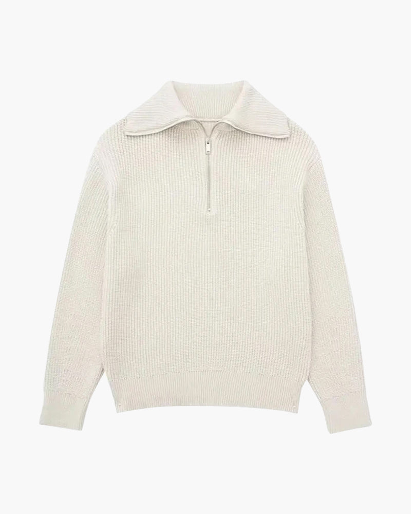 Striped ribbed knit sweater with mock neck and quarter zipper