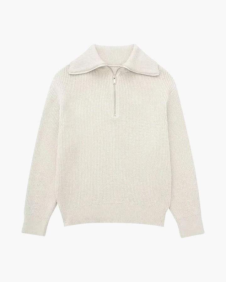 Striped ribbed knit sweater with mock neck and quarter zipper