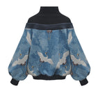 Women's blue crane print off-shoulder sweatshirt