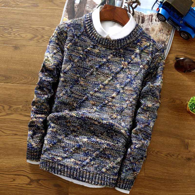 Men's multicoloured geometric knit sweater with crew neckline and long sleeves