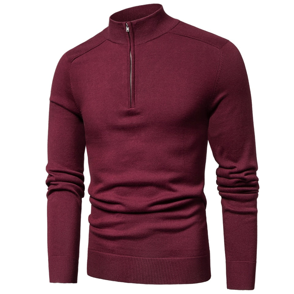 Men's long-sleeve quarter-zip mock neck jumper with ribbed trims