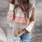 Women's hooded patchwork striped knit sweater