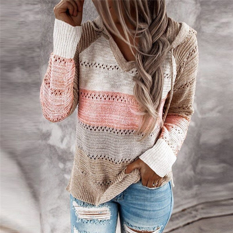 Women's hooded patchwork striped knit sweater