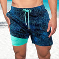 Men's slim fit swim shorts with printed pattern and interior lining, drawstring waist