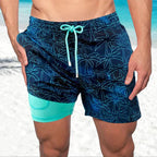Men's slim fit swim shorts with printed pattern and interior lining, drawstring waist