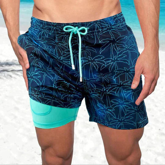 Men's slim fit swim shorts with printed pattern and interior lining, drawstring waist