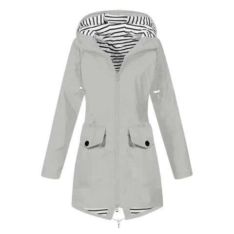 Women's hooded trench coat with long sleeves, zip front and flap pockets