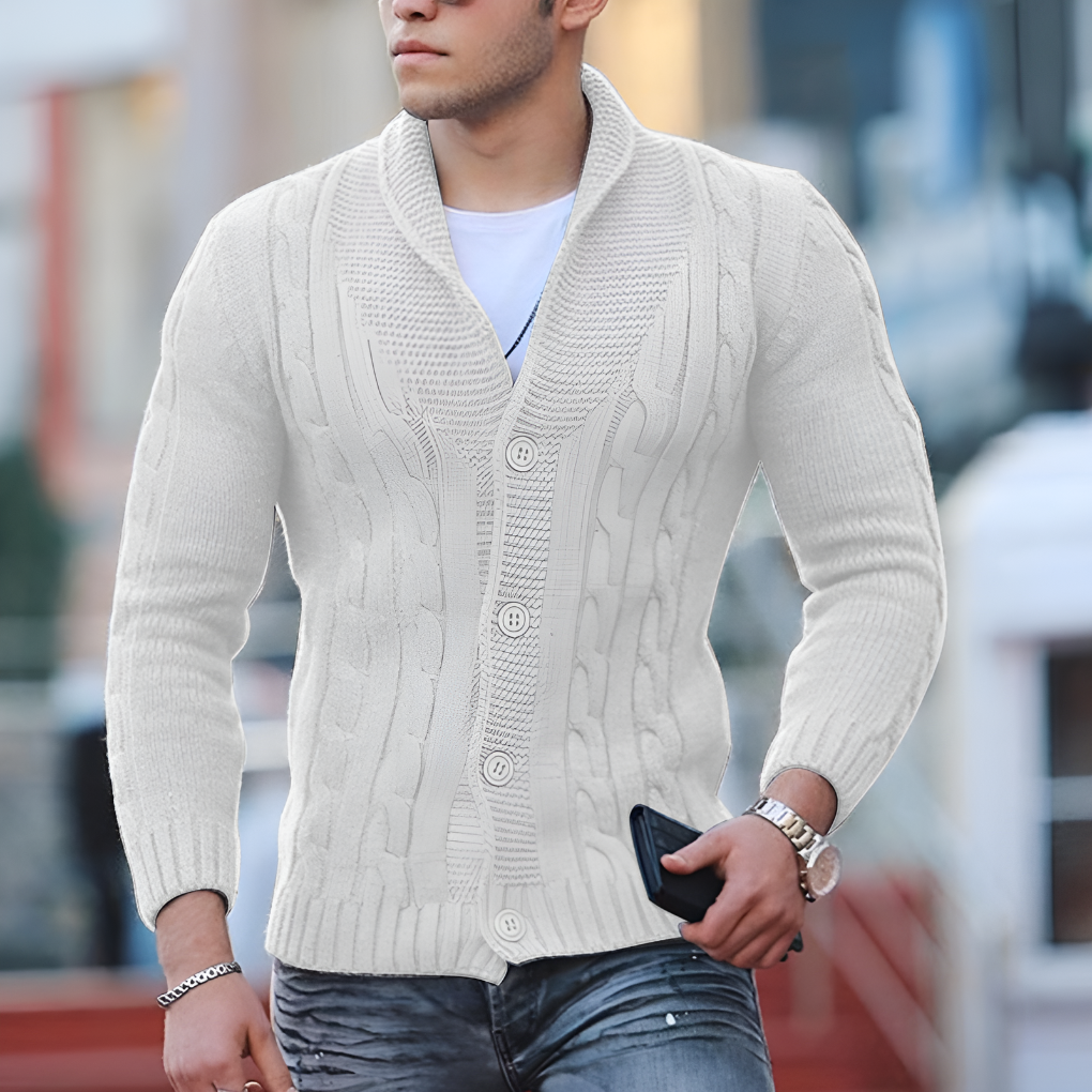 Men's cable knit cardigan with shawl collar and button front