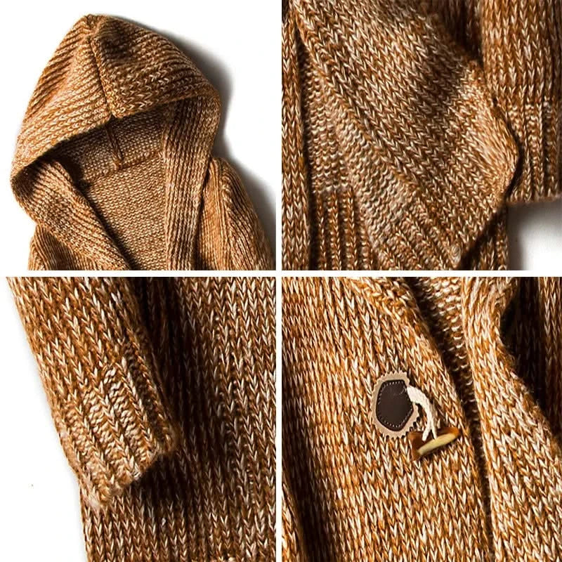 Hooded knitted cardigan with toggle fastenings, long sleeves and front pockets