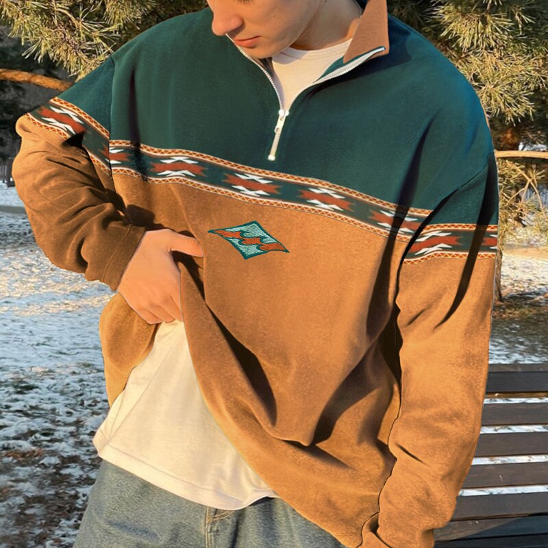 Men's geometric half-zip mock neck sweater with contrasting panels