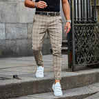 Men's checked slim leg chino trousers with belt loops and full-length cut