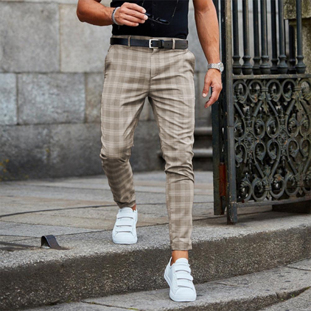 Men's checked slim leg chino trousers with belt loops and full-length cut