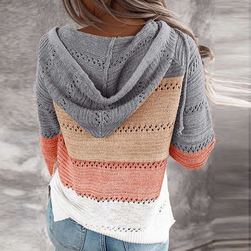 Women's hooded patchwork striped knit sweater