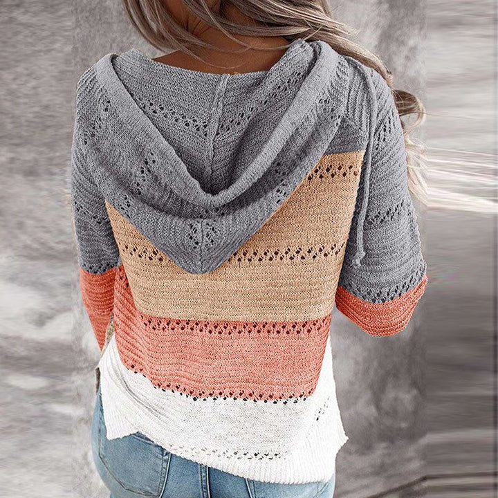 Women's hooded patchwork striped knit sweater