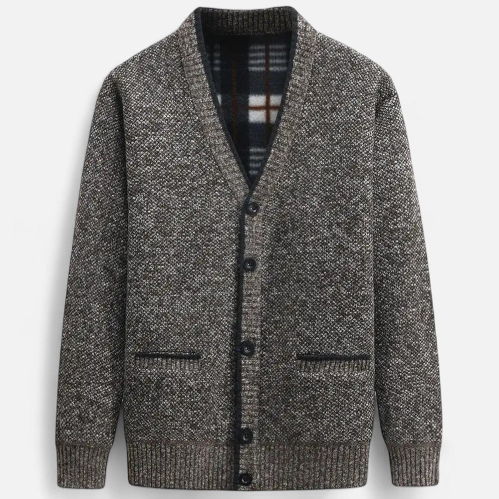 Men's textured knit V-neck cardigan with button front and welt pockets