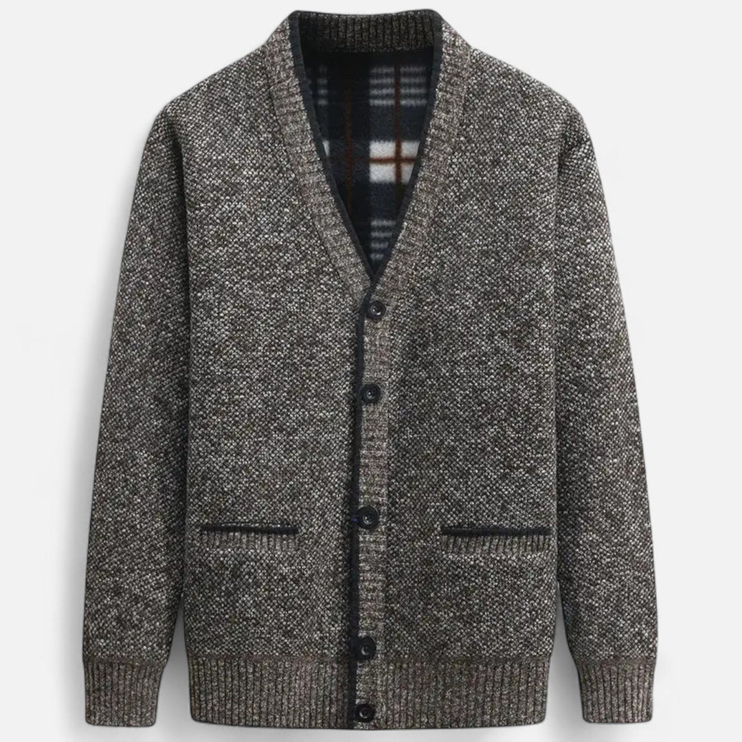 Men's textured knit V-neck cardigan with button front and welt pockets