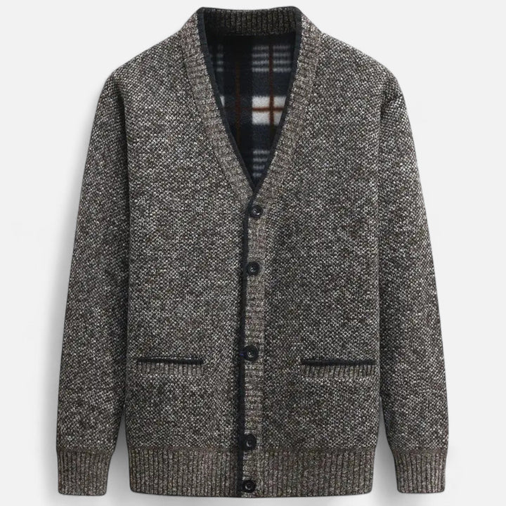 Men's textured knit V-neck cardigan with button front and welt pockets