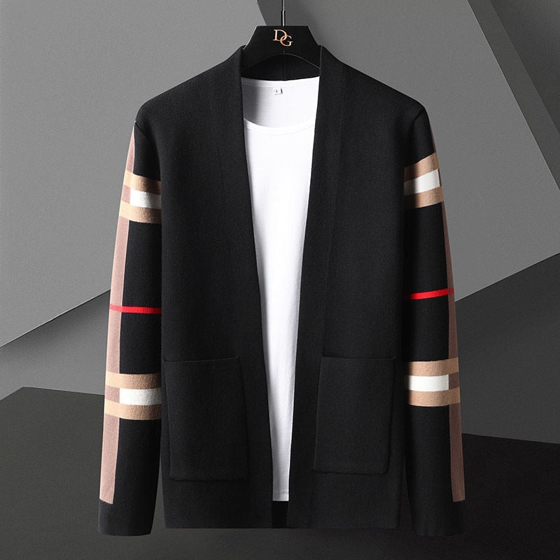 Men's open front cardigan with striped sleeves and patch pockets