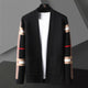 Men's open front cardigan with striped sleeves and patch pockets