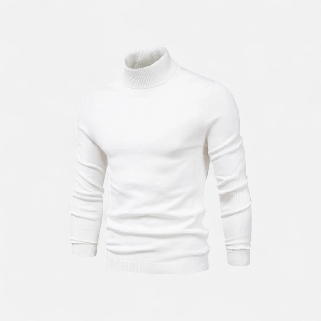Men's half-zip knit sweater with raised turtleneck collar