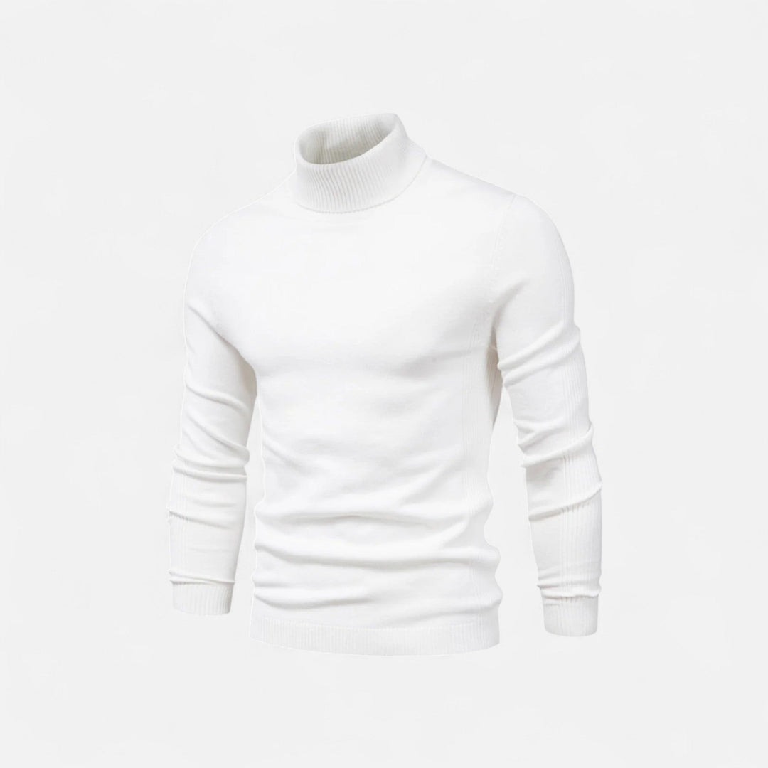 Men's half-zip knit sweater with raised turtleneck collar