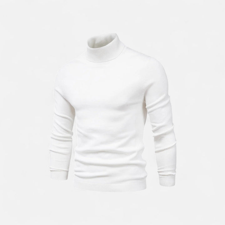 Men's half-zip knit sweater with raised turtleneck collar