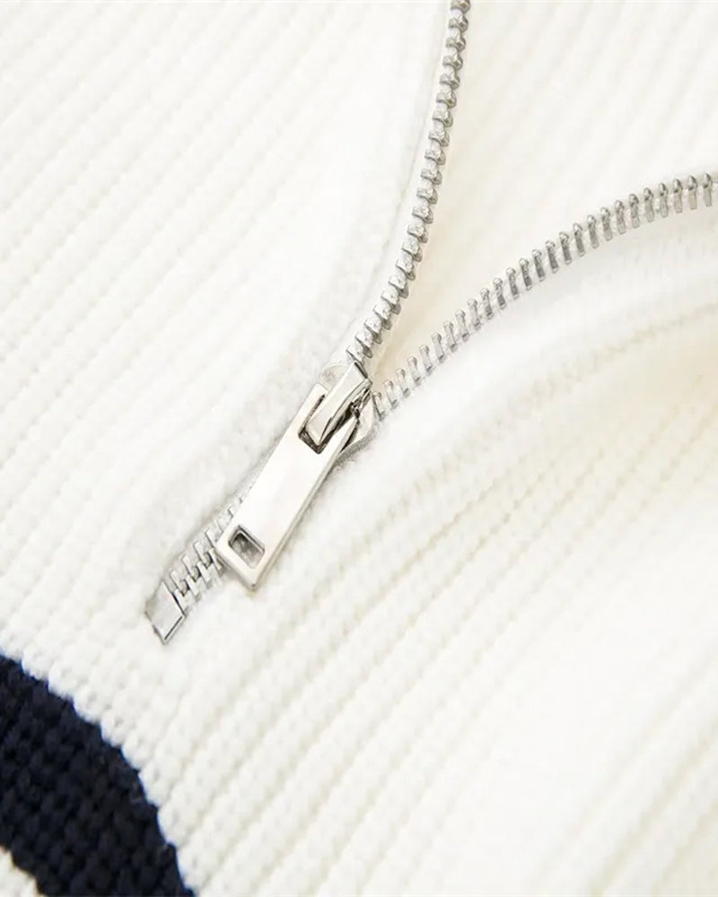 Striped ribbed knit sweater with mock neck and quarter zipper