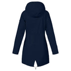 Women's hooded trench coat with long sleeves, zip front and flap pockets