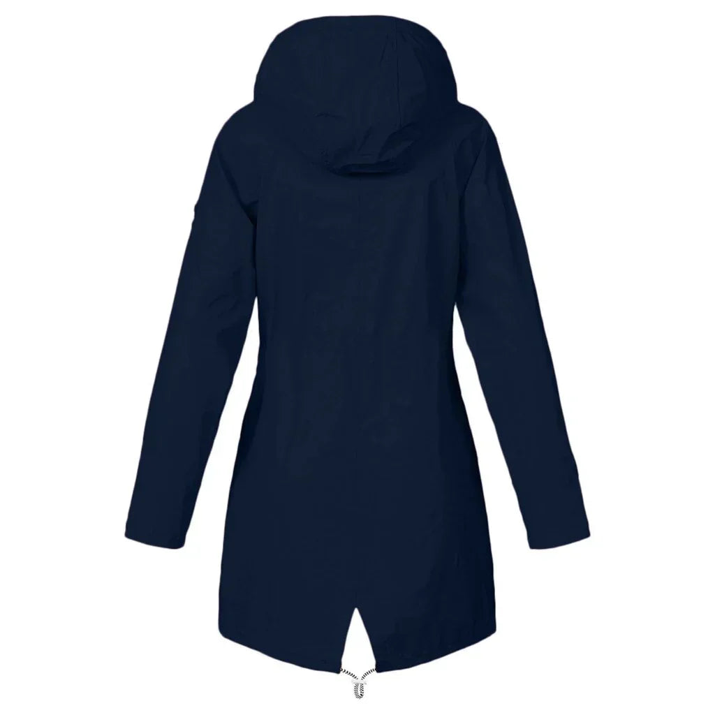 Women's hooded trench coat with long sleeves, zip front and flap pockets
