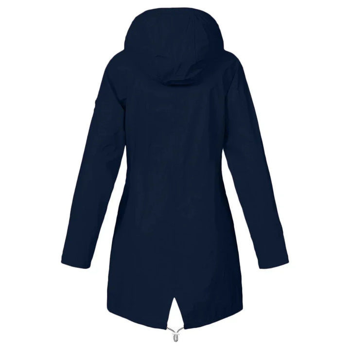 Women's hooded trench coat with long sleeves, zip front and flap pockets