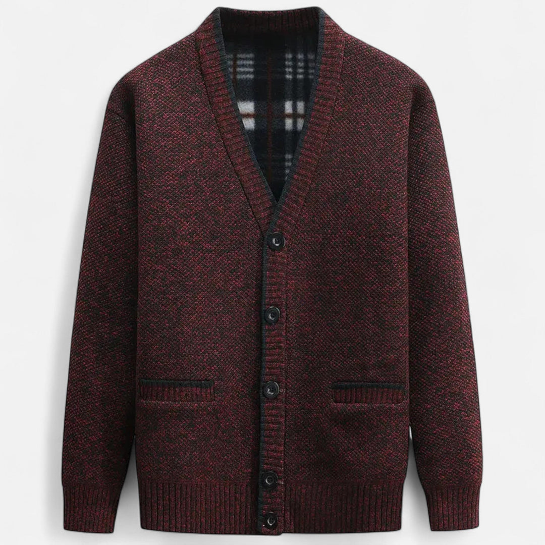 Men's textured knit V-neck cardigan with button front and welt pockets