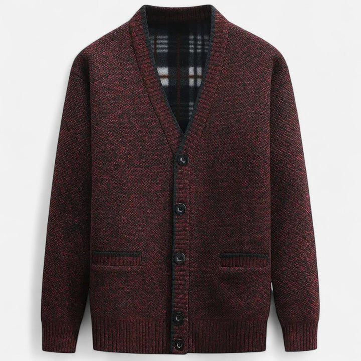 Men's textured knit V-neck cardigan with button front and welt pockets