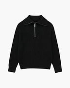 Striped ribbed knit sweater with mock neck and quarter zipper