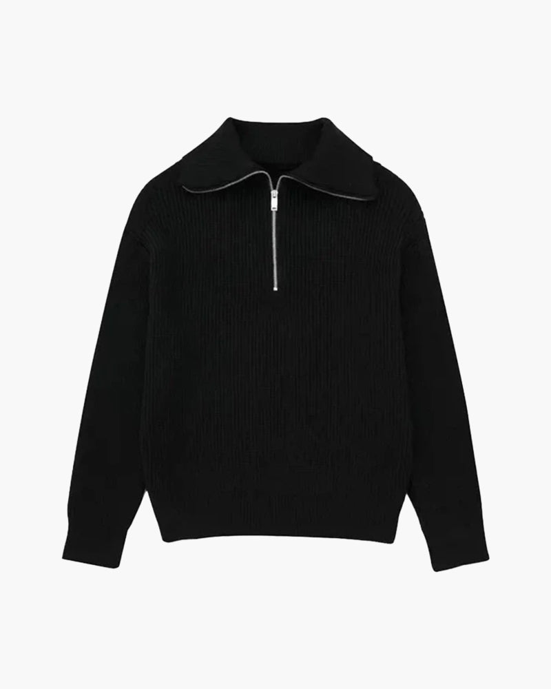 Striped ribbed knit sweater with mock neck and quarter zipper